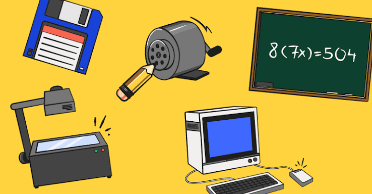 Illustration of older office and classroom technology: a floppy disk, pencil sharpener, chalkboard, overhead projector, and a CRT desktop computer
